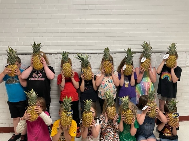 15 kids holding pineapples in front of their faces.
